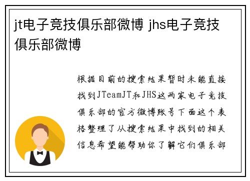 jt电子竞技俱乐部微博 jhs电子竞技俱乐部微博